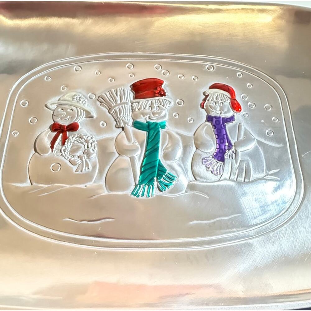 Holiday Home Accents 7x10 in. Silver Serving Tray with Christmas Theme - Snowmen - Picture 6 of 7